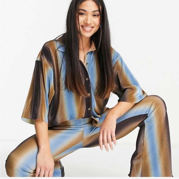 Topshop Blue and Brown Wide Leg set, button down lightweight striped size 8-10 - Picture 1 of 6
